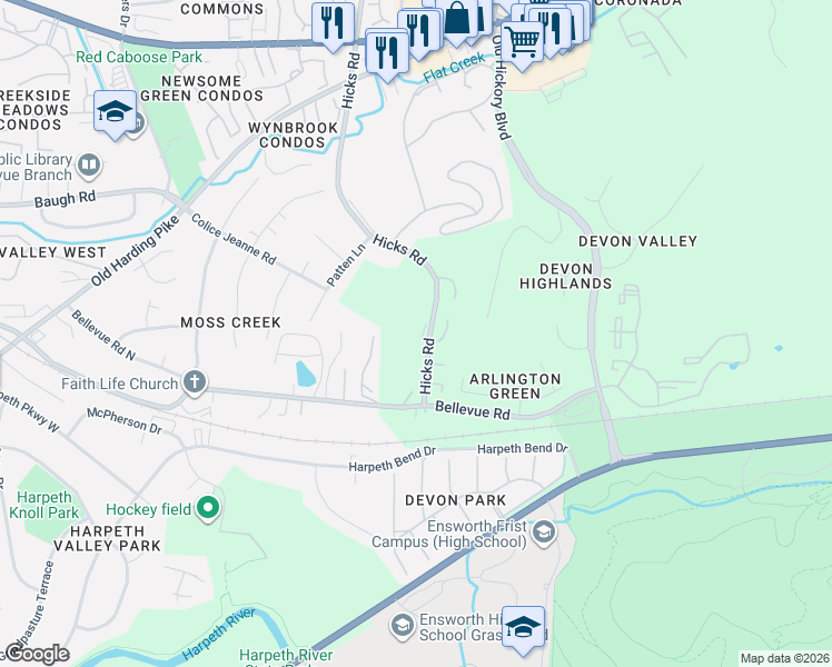 map of restaurants, bars, coffee shops, grocery stores, and more near 165 Hicks Road in Nashville