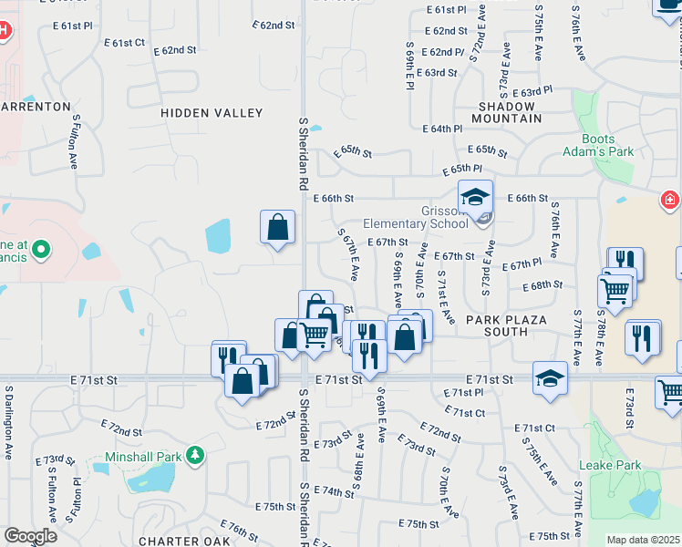 map of restaurants, bars, coffee shops, grocery stores, and more near 6760 South 66th East Avenue in Tulsa