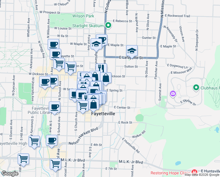 map of restaurants, bars, coffee shops, grocery stores, and more near 127 East Spring Street in Fayetteville