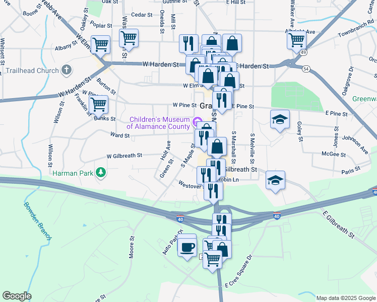 map of restaurants, bars, coffee shops, grocery stores, and more near 317 South Maple Street in Graham