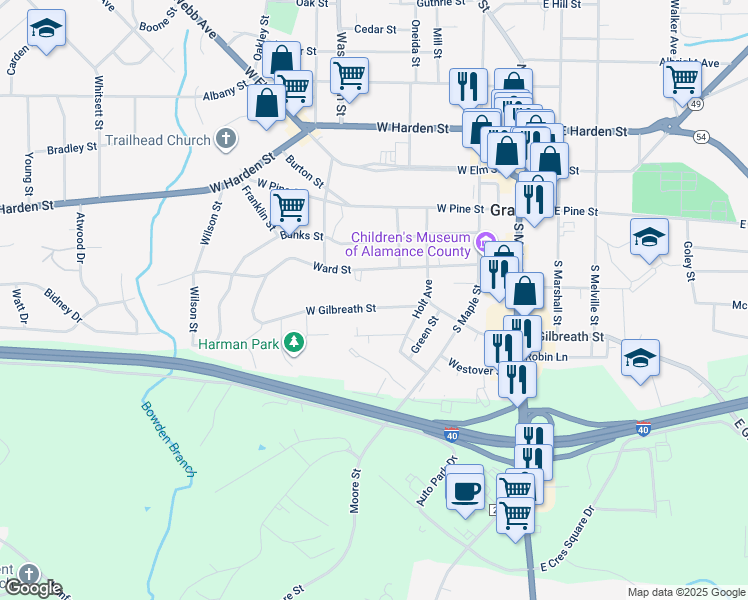 map of restaurants, bars, coffee shops, grocery stores, and more near 323 West Gilbreath Street in Graham