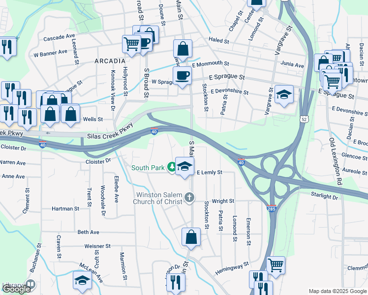 map of restaurants, bars, coffee shops, grocery stores, and more near Atlantic Street in Winston Salem