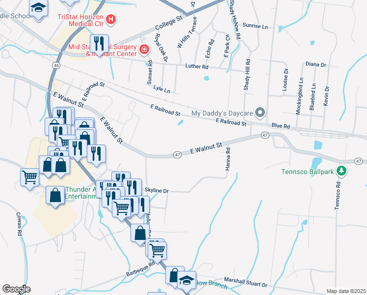 map of restaurants, bars, coffee shops, grocery stores, and more near 1143 E Walnut St in Dickson