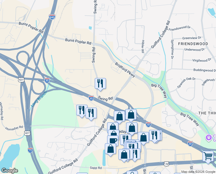 map of restaurants, bars, coffee shops, grocery stores, and more near 361 South Swing Road in Greensboro