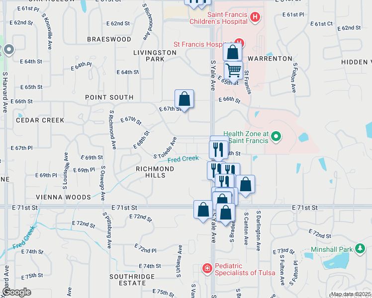map of restaurants, bars, coffee shops, grocery stores, and more near 4604 East 68th Street in Tulsa