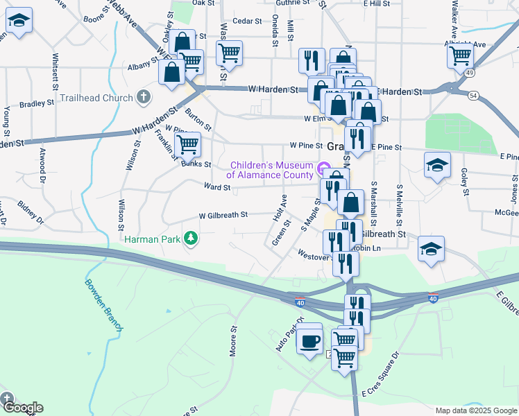 map of restaurants, bars, coffee shops, grocery stores, and more near 313 West Gilbreath Street in Graham