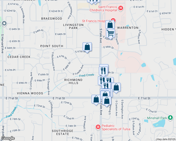 map of restaurants, bars, coffee shops, grocery stores, and more near 4660 East 68th Street in Tulsa