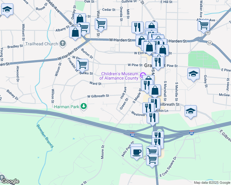 map of restaurants, bars, coffee shops, grocery stores, and more near 311 West Gilbreath Street in Graham