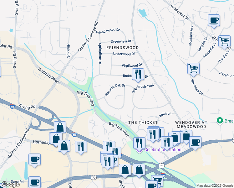 map of restaurants, bars, coffee shops, grocery stores, and more near 6 Stoney Glen Place in Greensboro