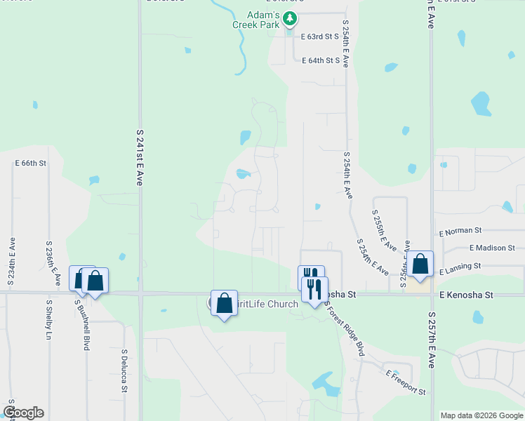 map of restaurants, bars, coffee shops, grocery stores, and more near South 249th East Avenue in Broken Arrow