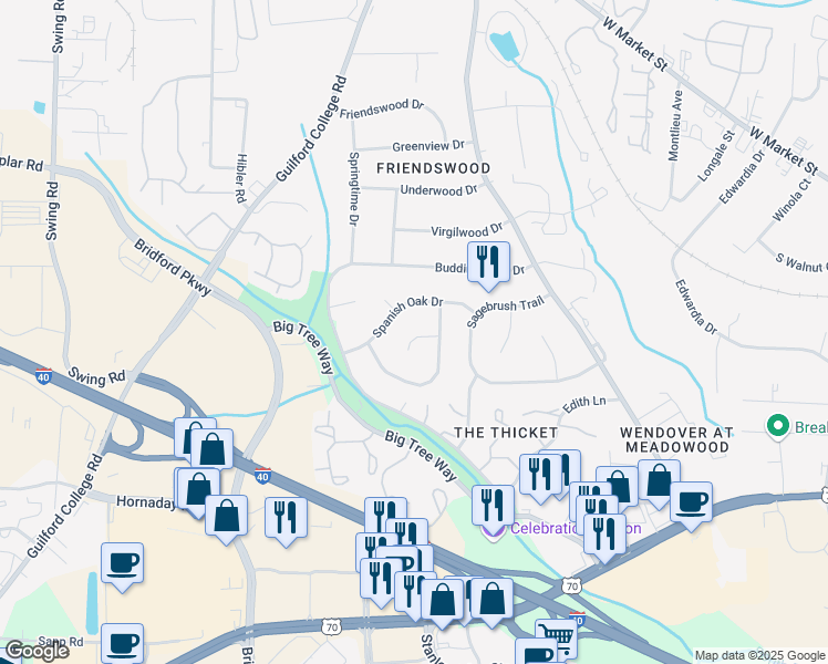 map of restaurants, bars, coffee shops, grocery stores, and more near 6 Stoney Glen Place in Greensboro