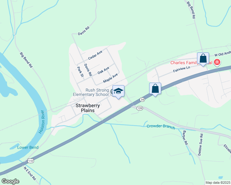 map of restaurants, bars, coffee shops, grocery stores, and more near 3081 West Old Andrew Johnson Highway in Strawberry Plains
