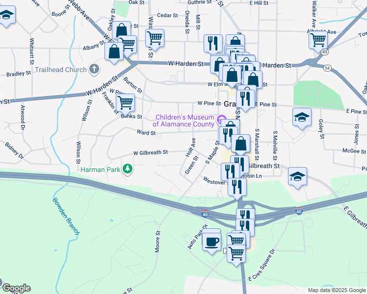 map of restaurants, bars, coffee shops, grocery stores, and more near 305 West Gilbreath Street in Graham