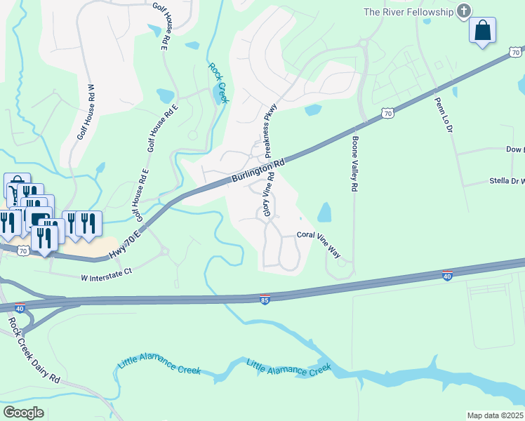 map of restaurants, bars, coffee shops, grocery stores, and more near 6316 Sweetbay Drive in Whitsett