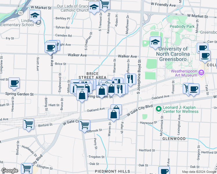 map of restaurants, bars, coffee shops, grocery stores, and more near 708 Warren Street in Greensboro