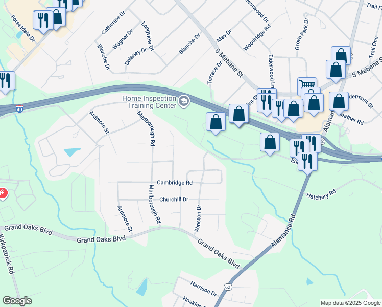 map of restaurants, bars, coffee shops, grocery stores, and more near 3031 Winston Drive in Burlington