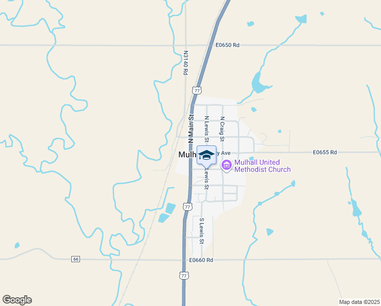 map of restaurants, bars, coffee shops, grocery stores, and more near Baty Avenue in Mulhall