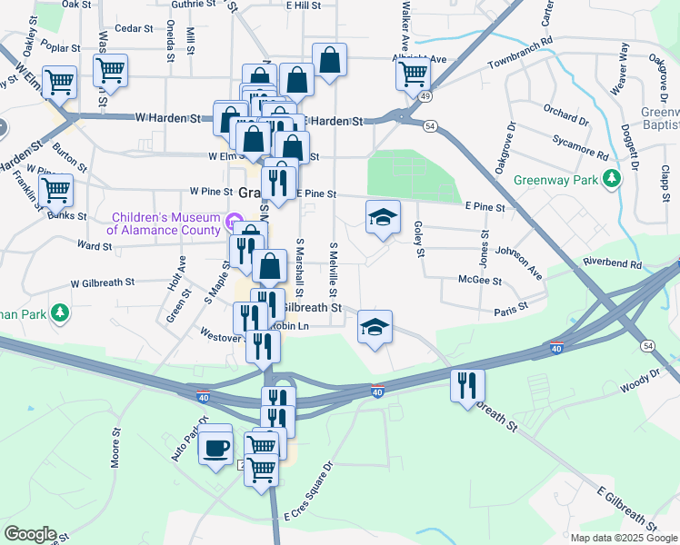map of restaurants, bars, coffee shops, grocery stores, and more near 302 South Melville Street in Graham
