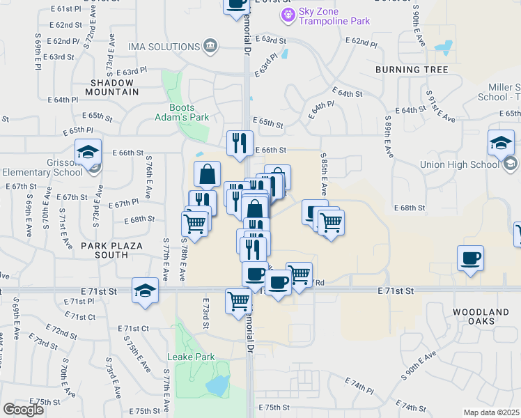 map of restaurants, bars, coffee shops, grocery stores, and more near 6827 South Memorial Drive in Tulsa