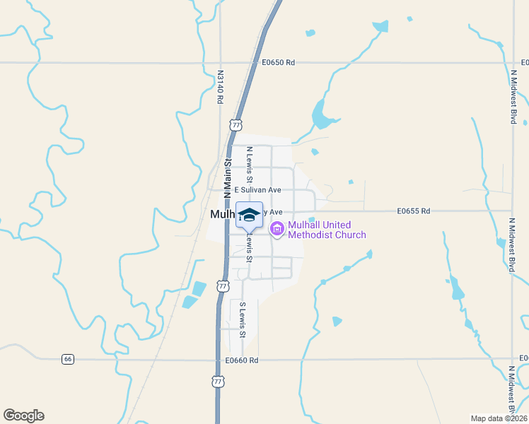 map of restaurants, bars, coffee shops, grocery stores, and more near Baty Avenue in Mulhall