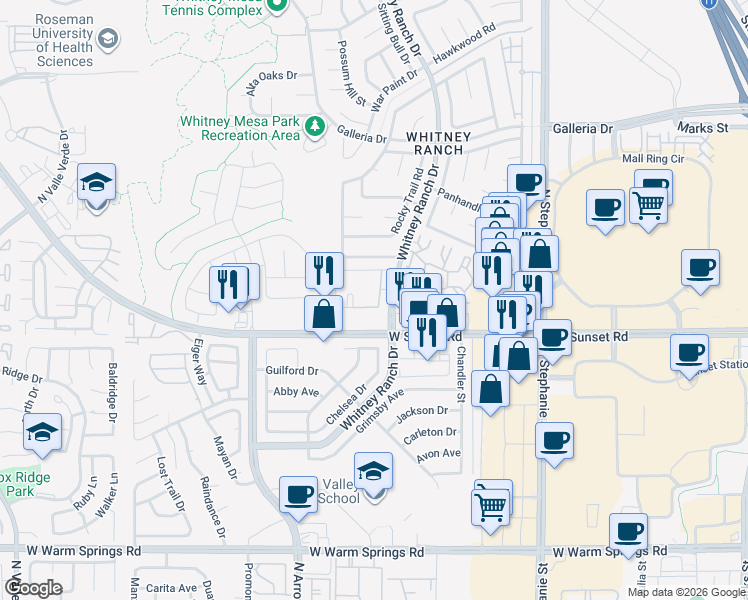 map of restaurants, bars, coffee shops, grocery stores, and more near 625 Whitney Ranch Drive in Henderson