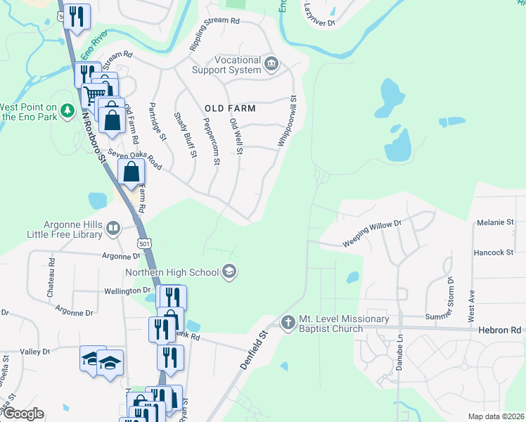 map of restaurants, bars, coffee shops, grocery stores, and more near 5106 Whippoorwill Street in Durham