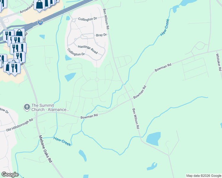 map of restaurants, bars, coffee shops, grocery stores, and more near 4398-4356 Old Hillsborough Road in Mebane