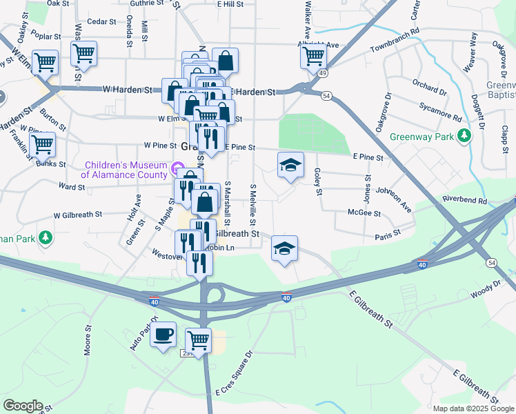 map of restaurants, bars, coffee shops, grocery stores, and more near 302 South Melville Street in Graham