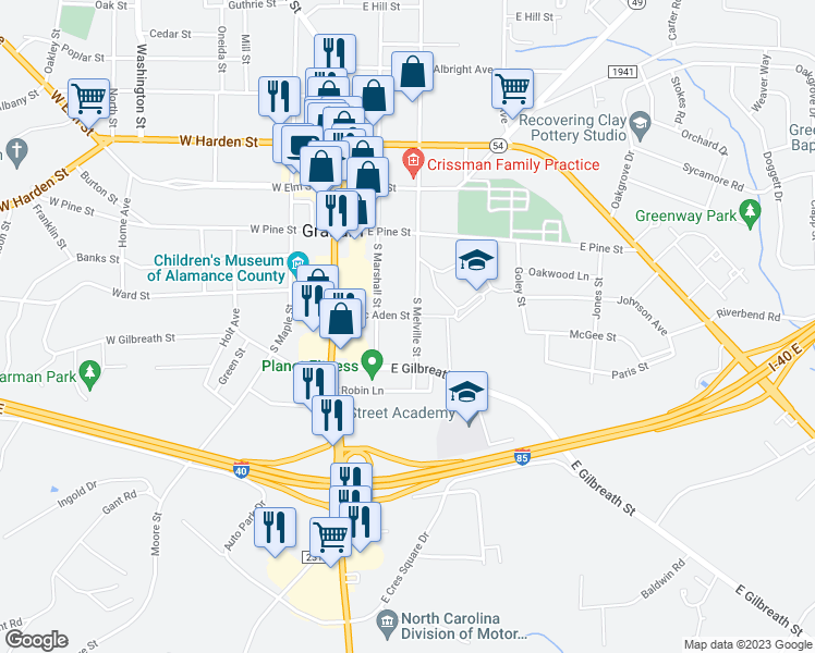 map of restaurants, bars, coffee shops, grocery stores, and more near 310 South Marshall Street in Graham