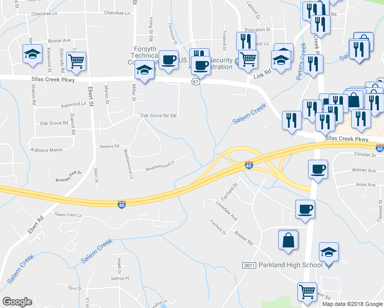 map of restaurants, bars, coffee shops, grocery stores, and more near 138 Weatherwood Court in Winston-Salem