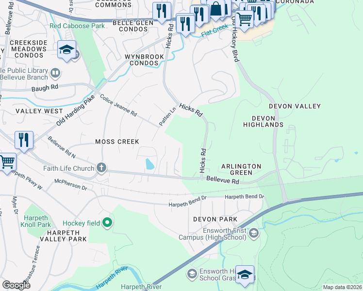 map of restaurants, bars, coffee shops, grocery stores, and more near 157 Hicks Road in Nashville