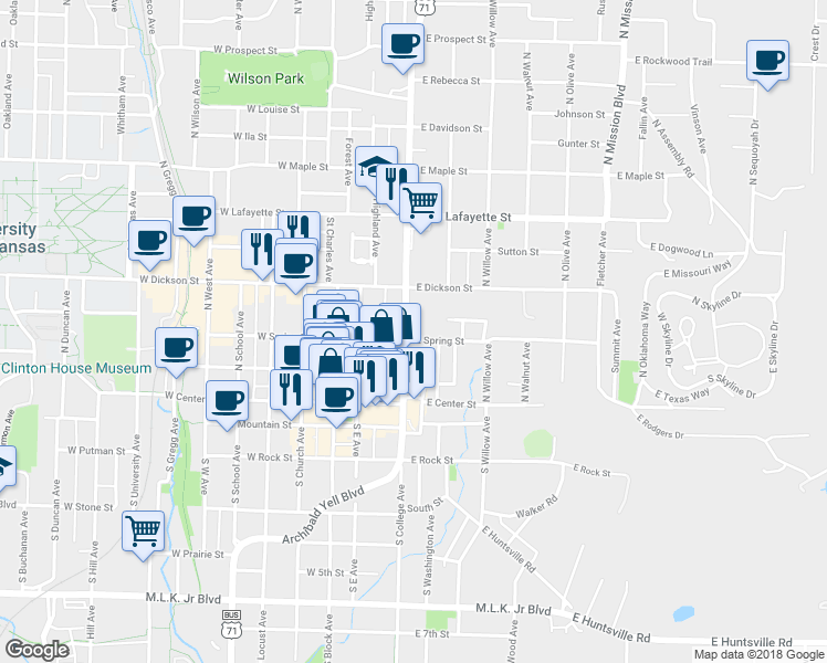 map of restaurants, bars, coffee shops, grocery stores, and more near 123 North College Avenue in Fayetteville