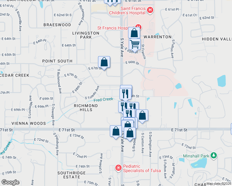 map of restaurants, bars, coffee shops, grocery stores, and more near 4740 East 68th Street in Tulsa