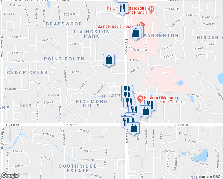 map of restaurants, bars, coffee shops, grocery stores, and more near 4740 East 68th Street in Tulsa