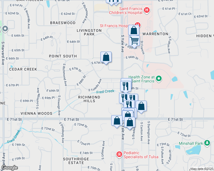 map of restaurants, bars, coffee shops, grocery stores, and more near 4660 East 68th Street in Tulsa