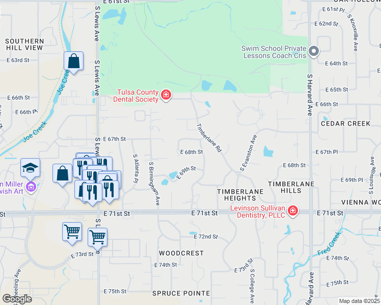 map of restaurants, bars, coffee shops, grocery stores, and more near 2716 East 68th Street in Tulsa