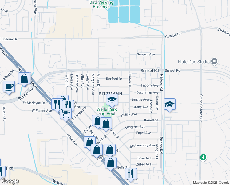 map of restaurants, bars, coffee shops, grocery stores, and more near 448 Hunter Drive in Henderson