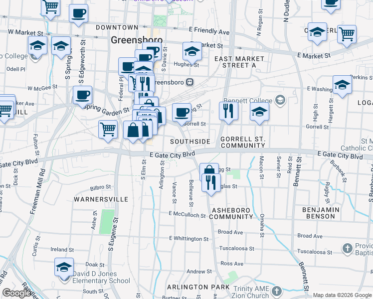map of restaurants, bars, coffee shops, grocery stores, and more near 200 Murray Street in Greensboro