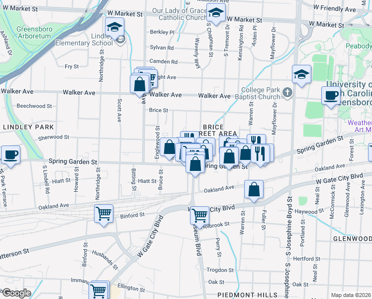 map of restaurants, bars, coffee shops, grocery stores, and more near 5 Pomroy Street in Greensboro