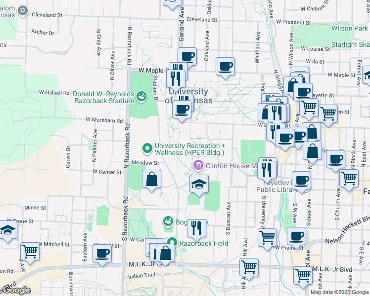 map of restaurants, bars, coffee shops, grocery stores, and more near 155 North McIlroy Avenue in Fayetteville