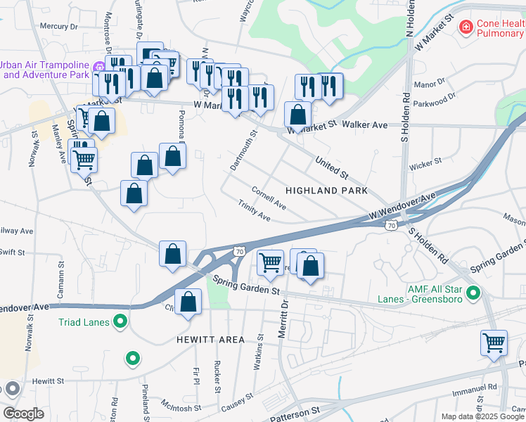 map of restaurants, bars, coffee shops, grocery stores, and more near 4309 Trinity Avenue in Greensboro