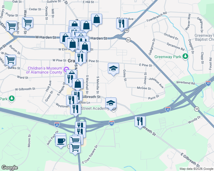 map of restaurants, bars, coffee shops, grocery stores, and more near 312 Field Street in Graham