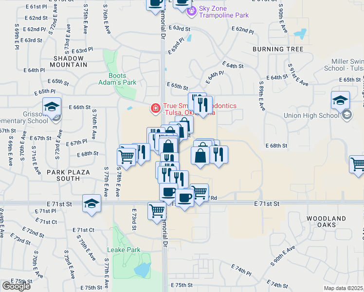 map of restaurants, bars, coffee shops, grocery stores, and more near Woodland Hills Mall in Tulsa