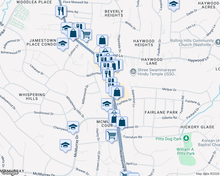 map of restaurants, bars, coffee shops, grocery stores, and more near 4821 Nolensville Pike in Nashville