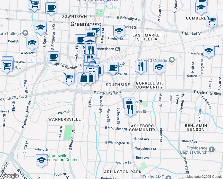 map of restaurants, bars, coffee shops, grocery stores, and more near 200 Murray Street in Greensboro