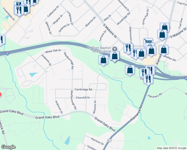 map of restaurants, bars, coffee shops, grocery stores, and more near 3015 Winston Drive in Burlington