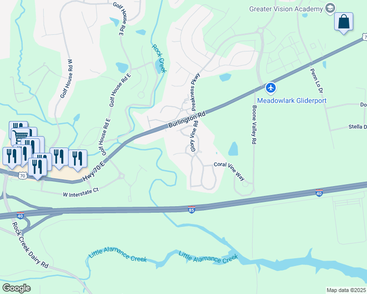 map of restaurants, bars, coffee shops, grocery stores, and more near 6309 Sweetbay Drive in Whitsett
