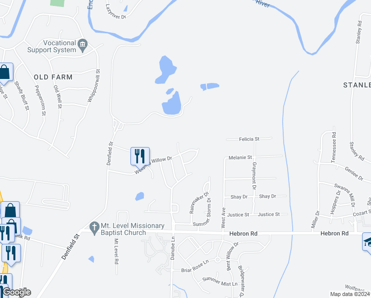 map of restaurants, bars, coffee shops, grocery stores, and more near 705 Weeping Willow Drive in Durham