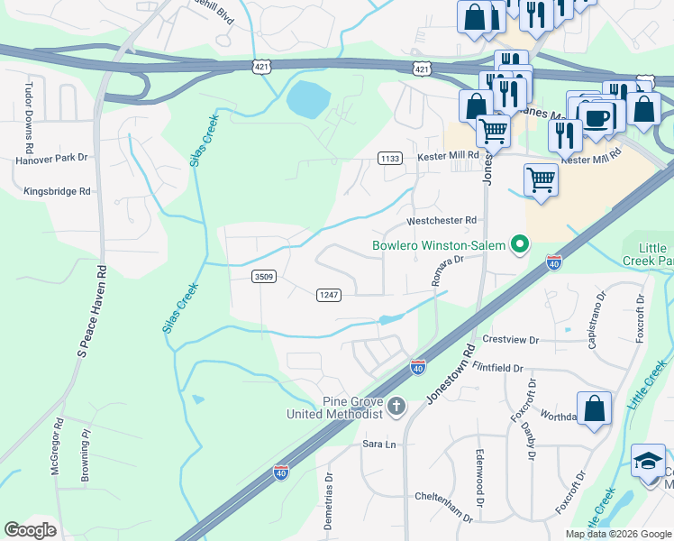 map of restaurants, bars, coffee shops, grocery stores, and more near 4861 Hawkwood Trail in Winston-Salem