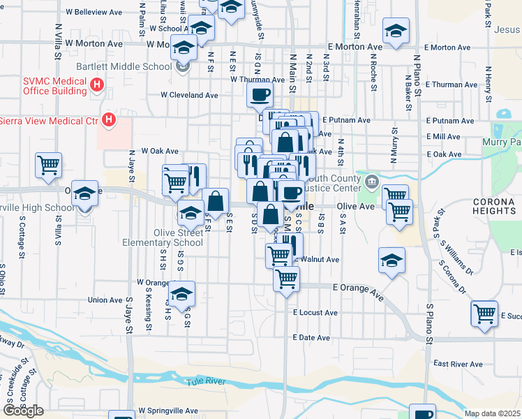 map of restaurants, bars, coffee shops, grocery stores, and more near in Porterville